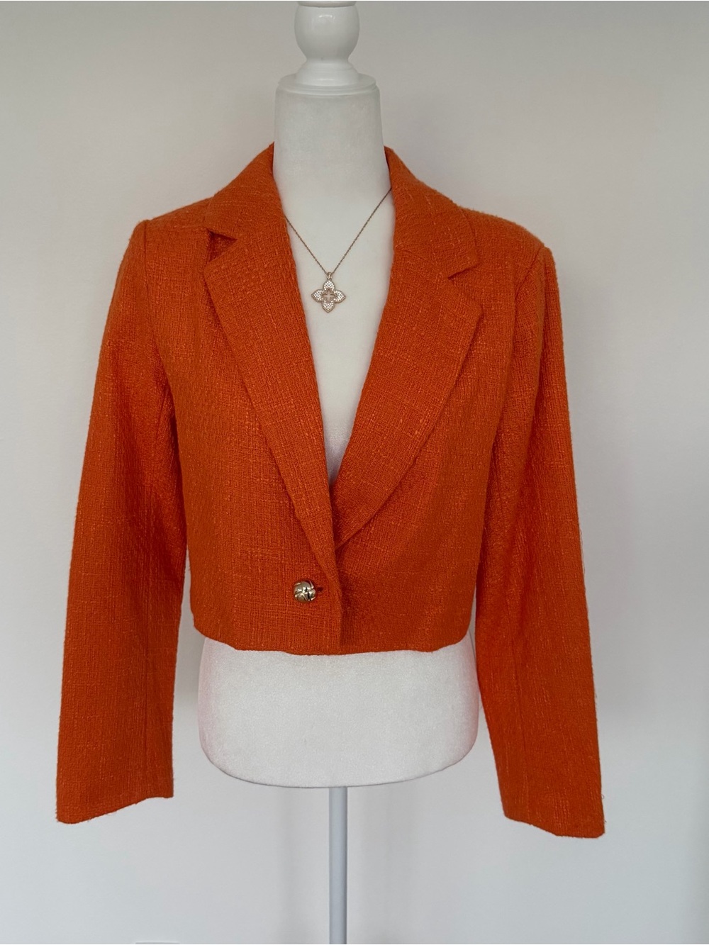 Dolce Cabo Burnt Orange Textured Tweed Cropped Single Button Blazer Small